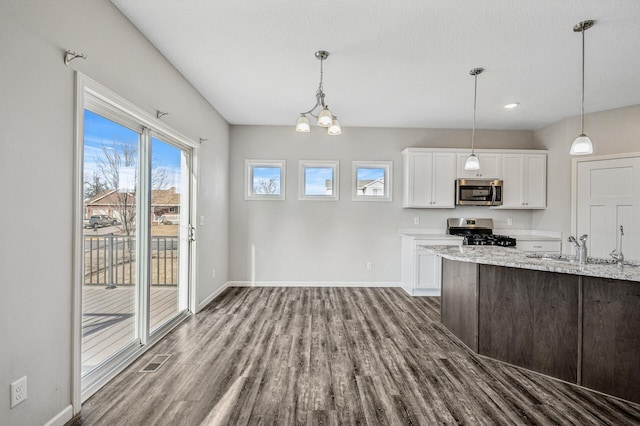 kitchen featuring visible vents, baseboards, dark wood-style floors, stainless steel appliances, and a sink