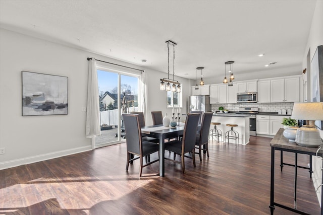 dining area with recessed lighting, dark wood-type flooring, and baseboards