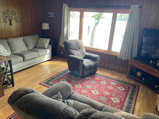 living room featuring plenty of natural light and wooden walls