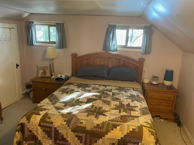 bedroom featuring lofted ceiling and carpet floors