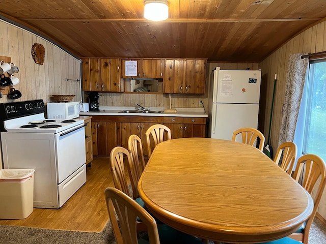 kitchen with white appliances, wooden walls, sink, and wooden ceiling