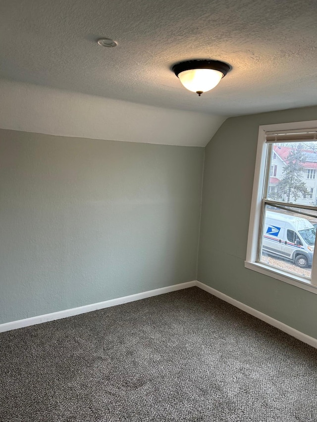 bonus room featuring lofted ceiling, carpet floors, and a textured ceiling