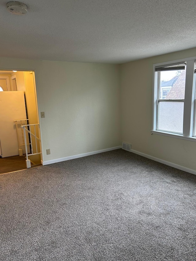 carpeted spare room with a textured ceiling