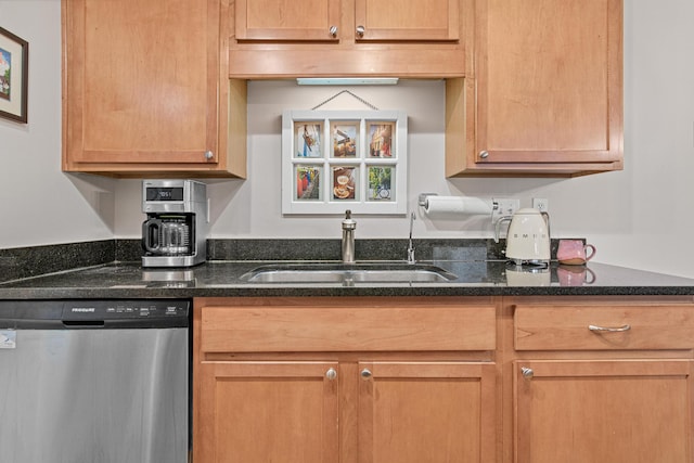 kitchen featuring sink, stainless steel dishwasher, and dark stone counters