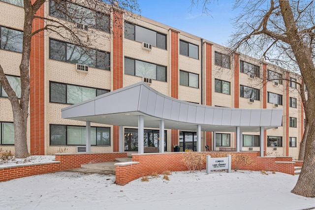 view of snow covered building