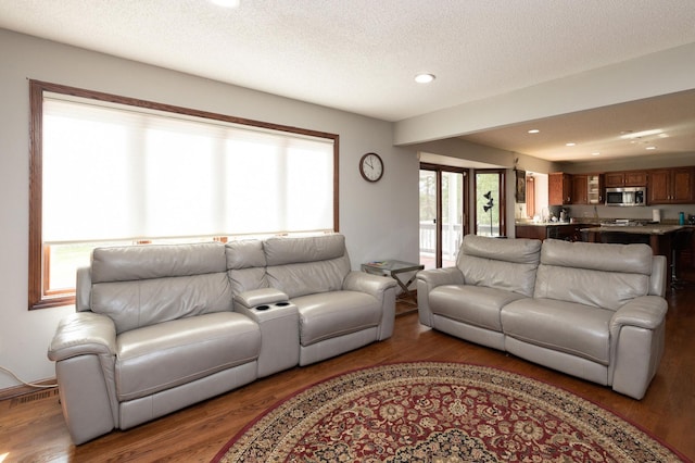 living room with wood-type flooring and a textured ceiling