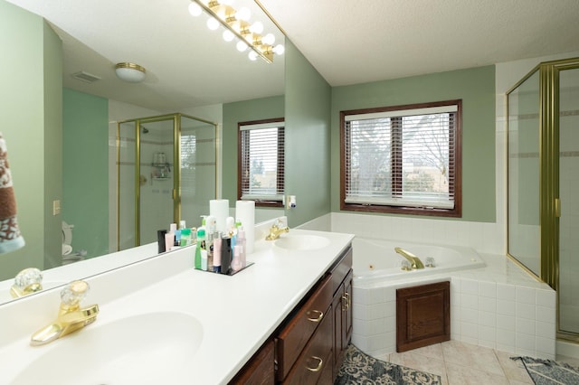 full bathroom with vanity, plus walk in shower, a textured ceiling, tile patterned floors, and toilet