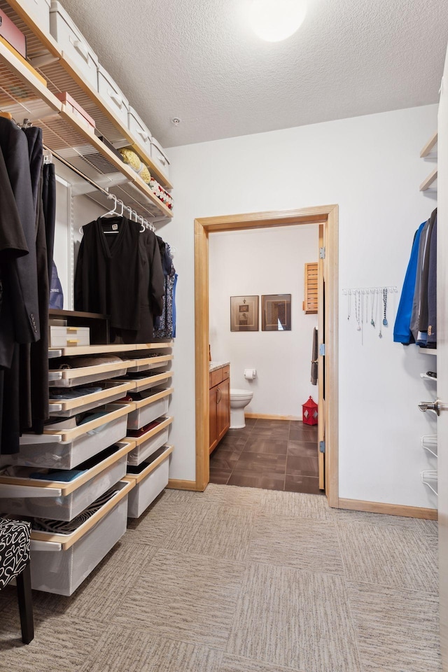 walk in closet with carpet flooring