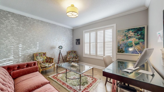 interior space with ornamental molding and a textured ceiling