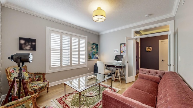 office space with crown molding, light hardwood / wood-style flooring, and a textured ceiling