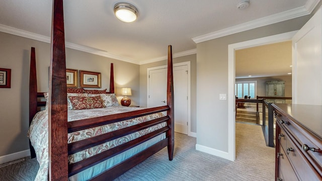 carpeted bedroom with crown molding