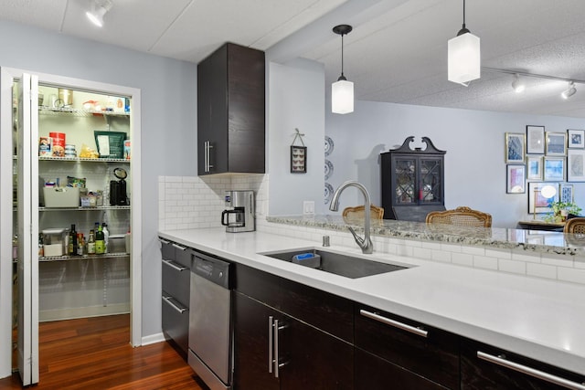 kitchen with backsplash, light countertops, stainless steel dishwasher, dark wood-style floors, and a sink