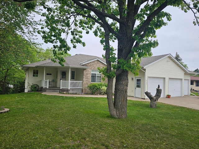 8785 Ilex Pl NW, Rice, MN 56367 - ranch-style home featuring a porch, a front lawn, concrete driveway, a garage, and roof with shingles
