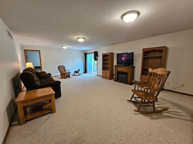 8785 Ilex Pl NW, Rice, MN 56367 - living area featuring a fireplace, carpet floors, a textured ceiling, and baseboards