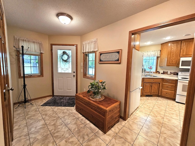 8785 Ilex Pl NW, Rice, MN 56367 - foyer entrance featuring light tile patterned floors, a textured ceiling, and baseboards