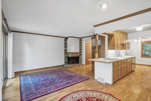 kitchen with ornamental molding, light hardwood / wood-style floors, and dishwasher