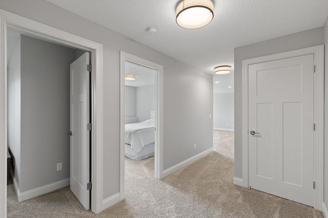 hall featuring light colored carpet and a textured ceiling