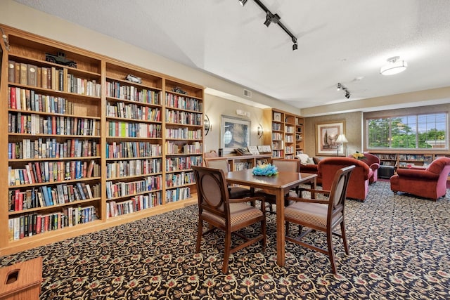 carpeted dining space featuring track lighting and a textured ceiling