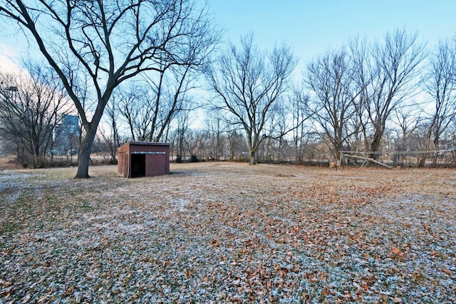 view of yard with a storage shed