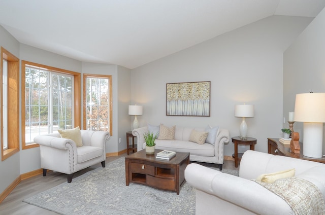 living room featuring lofted ceiling and light hardwood / wood-style flooring