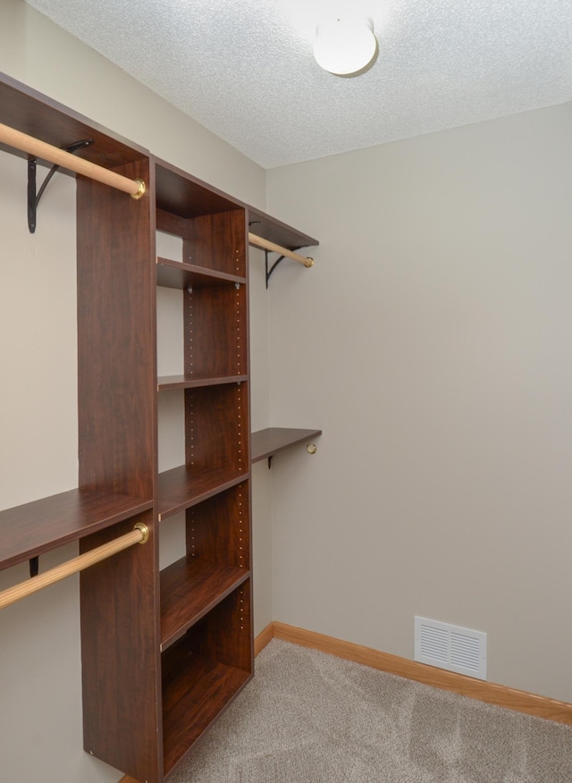 walk in closet featuring light carpet