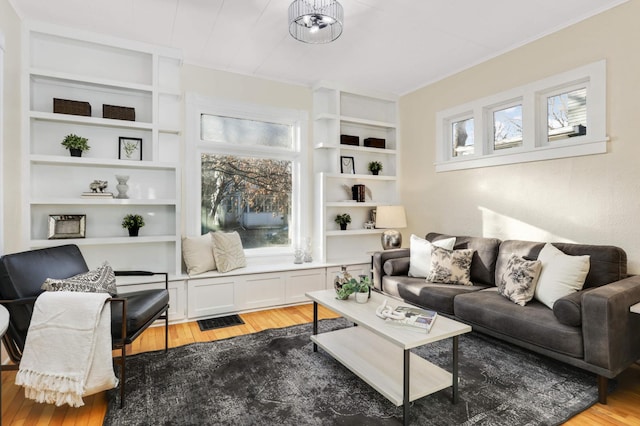 living room with light hardwood / wood-style floors, built in features, and a wealth of natural light