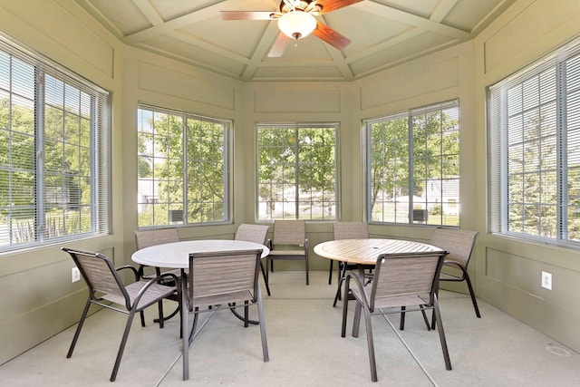 sunroom featuring ceiling fan, a healthy amount of sunlight, coffered ceiling, and beam ceiling