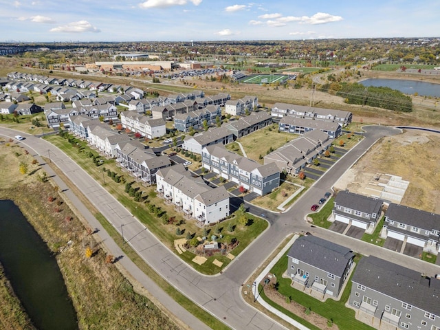 drone / aerial view featuring a water view