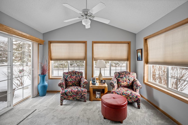 sitting room featuring lofted ceiling, a textured ceiling, and carpet flooring