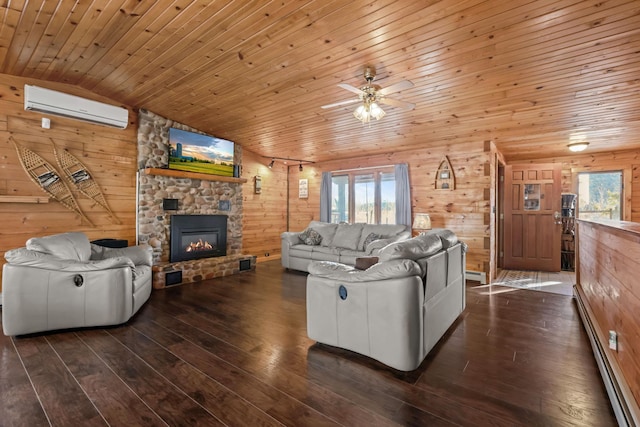 living room featuring a healthy amount of sunlight, a wall mounted AC, and wooden ceiling