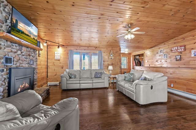 living room featuring vaulted ceiling, dark hardwood / wood-style floors, and wooden ceiling