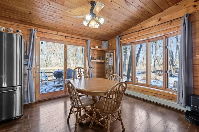 dining area with dark wood-type flooring, wood walls, vaulted ceiling, wooden ceiling, and ceiling fan