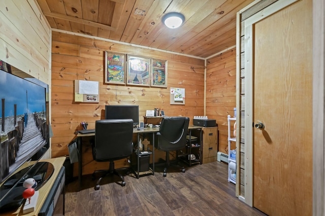 office featuring a baseboard heating unit, dark wood-type flooring, wooden ceiling, and wooden walls