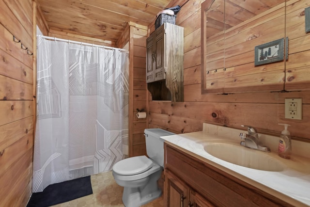 bathroom with toilet, vanity, wooden walls, and wooden ceiling