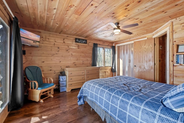 bedroom featuring ceiling fan, wooden ceiling, dark hardwood / wood-style flooring, and wood walls