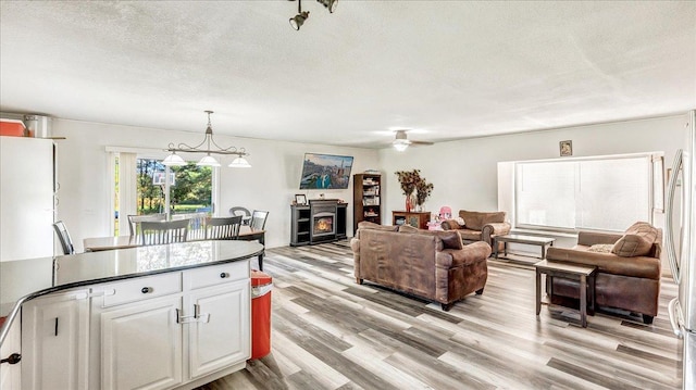 kitchen featuring pendant lighting, a textured ceiling, light hardwood / wood-style flooring, and white cabinets