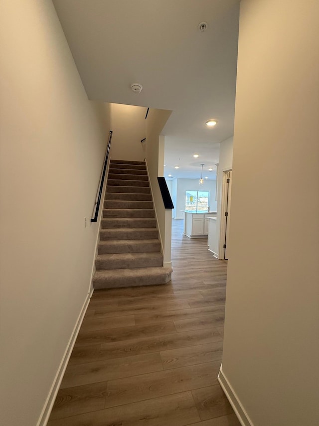 stairs featuring hardwood / wood-style flooring