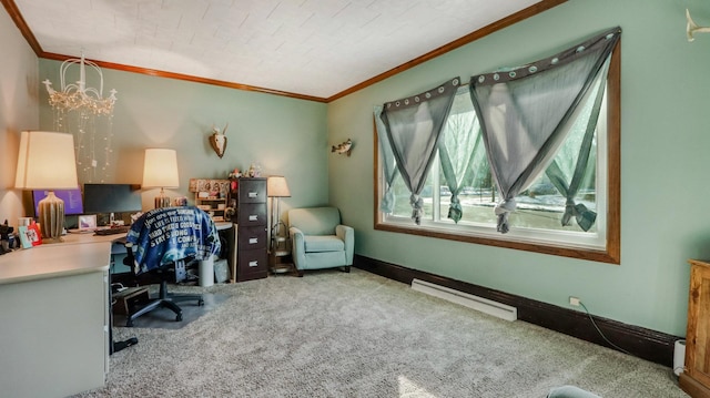 office space with ornamental molding, carpet flooring, and a notable chandelier