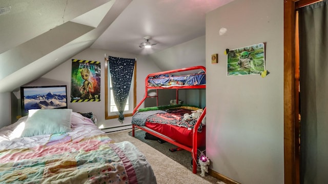 carpeted bedroom featuring lofted ceiling, ceiling fan, and baseboard heating