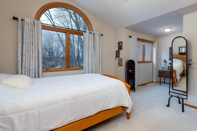 carpeted bedroom featuring lofted ceiling