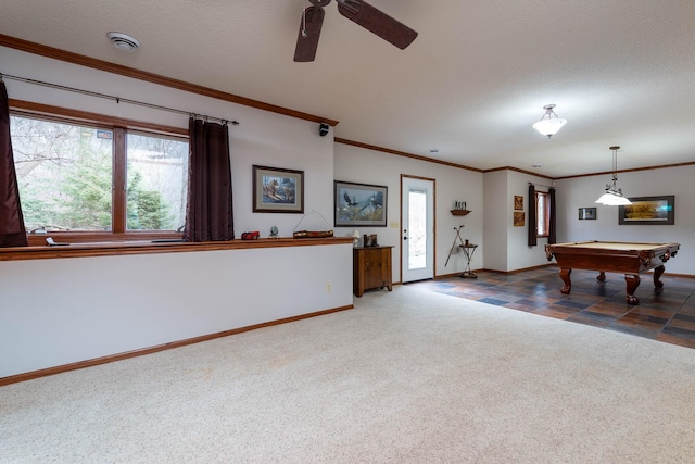 playroom with crown molding, pool table, carpet floors, and a textured ceiling