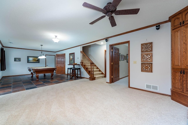 game room featuring ornamental molding, pool table, ceiling fan, and dark carpet