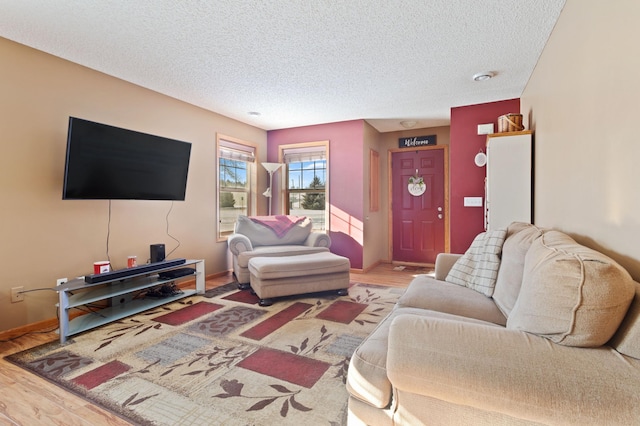 living room featuring hardwood / wood-style floors and a textured ceiling