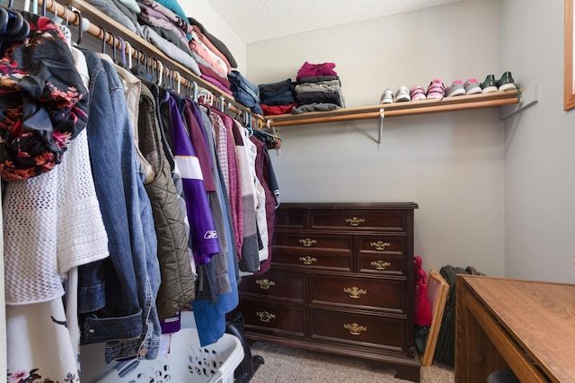 walk in closet featuring light carpet