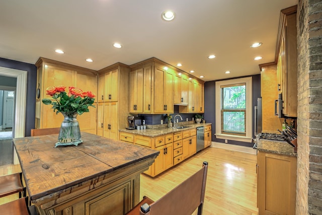 kitchen with sink, light stone countertops, dishwasher, and light wood-type flooring