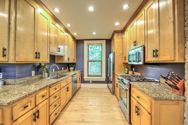 kitchen featuring high end appliances, sink, light stone counters, and light wood-type flooring