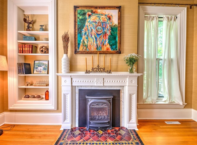 room details featuring hardwood / wood-style flooring and built in shelves