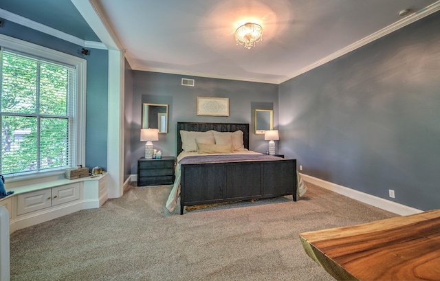 bedroom featuring light colored carpet and ornamental molding