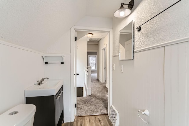 bathroom featuring vanity, a textured ceiling, wood-type flooring, and toilet