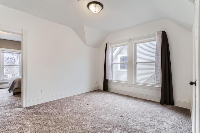 additional living space featuring vaulted ceiling, carpet floors, a wealth of natural light, and a textured ceiling